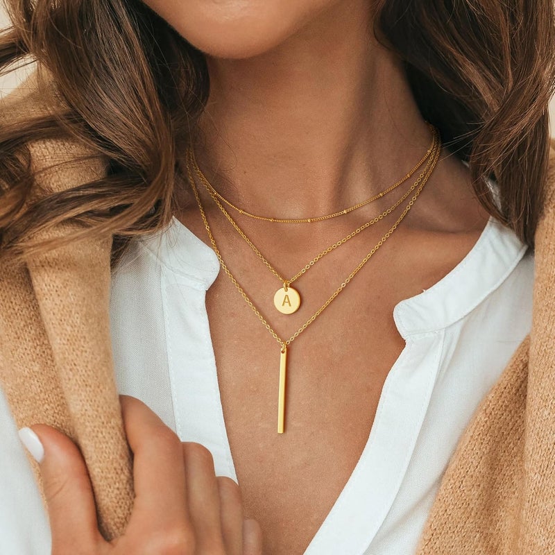 Vjoypro Initial Layered Necklaces for Women, 14K-Gold-Plated Coin Letter Necklace Bar Stacking Layer Necklace Multi Bar Layering Y-Necklaces Jewelry for Women - Image 1
